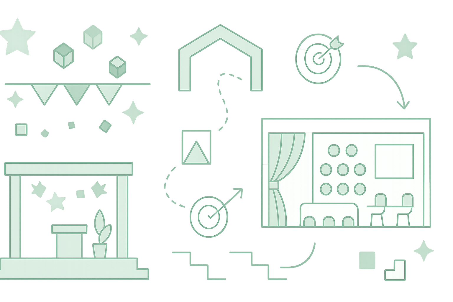 Event design elements illustration showing lighting, staging, and branding components