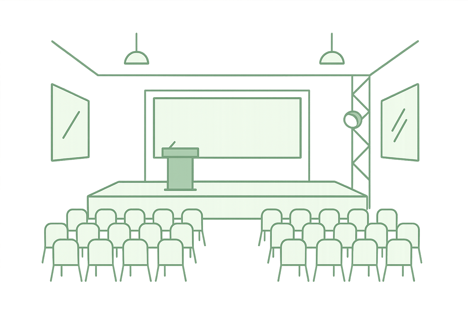 Professional event space design illustration showing elegant conference and exhibition setup