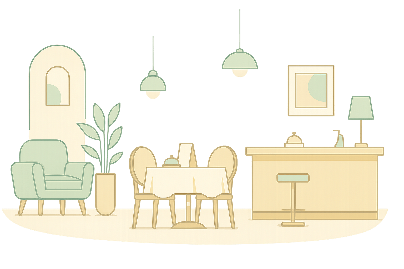 Elegant hospitality venue interior design illustration showing restaurant and bar layout